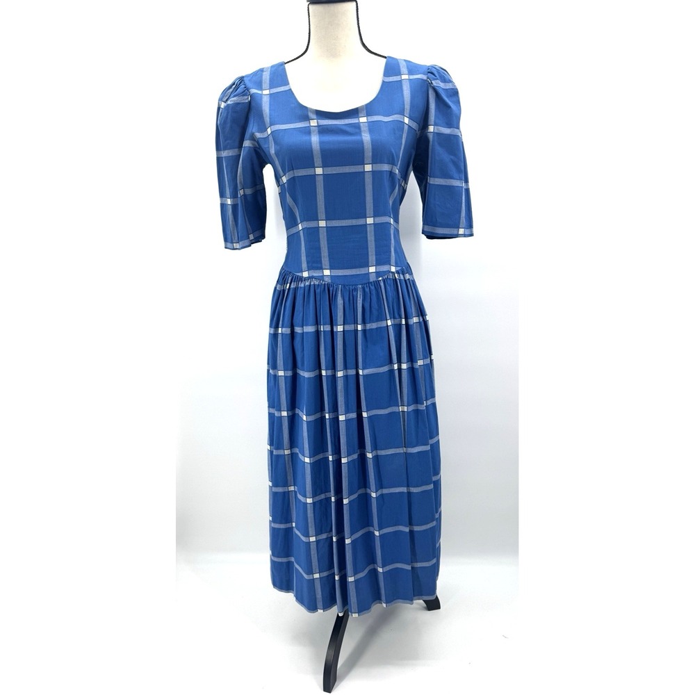 Genuine VTG Cottage Dress 8 Blue Plaid Puff Sleeve Bow Tie Prairie Retro Classic